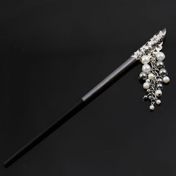 Black and Silver Chopstick Hairstick with Faux Pearls Tassels